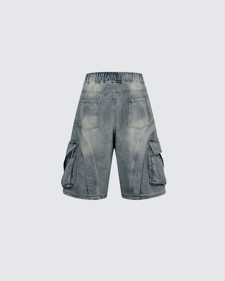 3D Stitch Washed Denim Cargo Shorts - Image 2