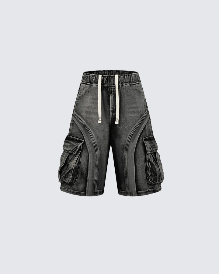 3D Stitch Washed Denim Cargo Shorts - Image 3
