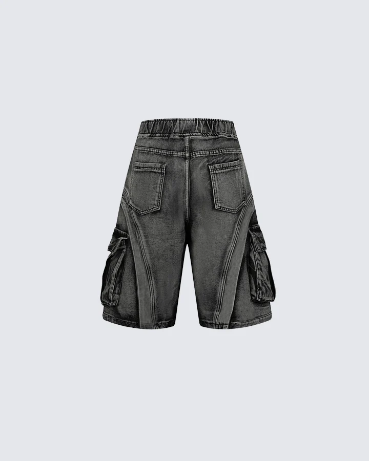 3D Stitch Washed Denim Cargo Shorts - Image 4