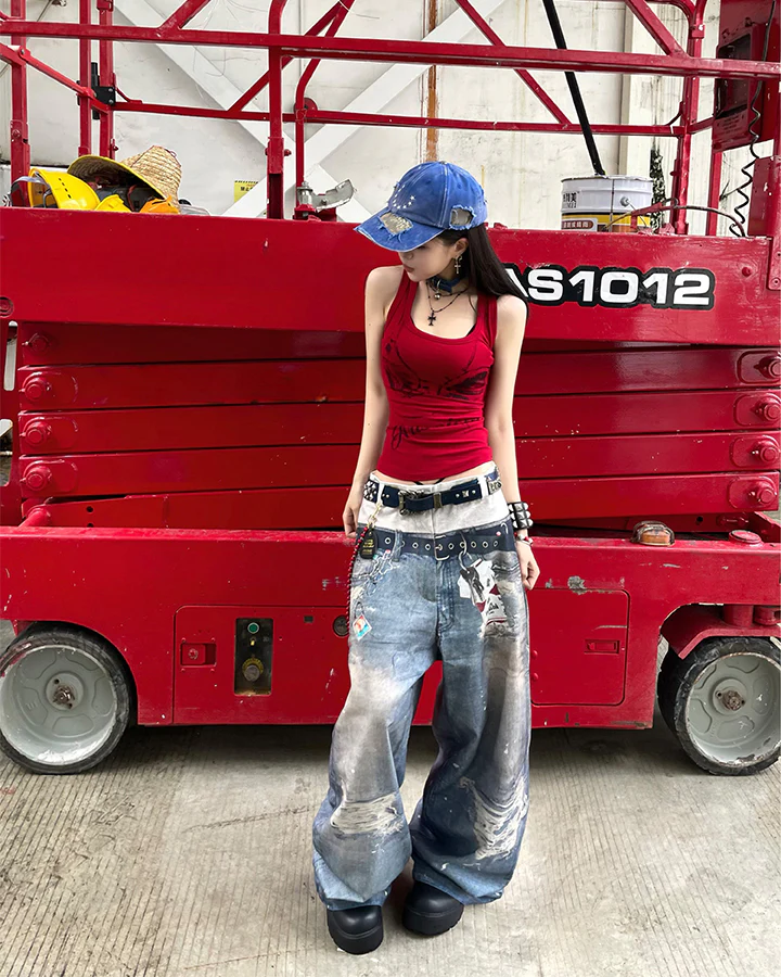 American 3D Digital Print Double Waistband Jeans - Image 10