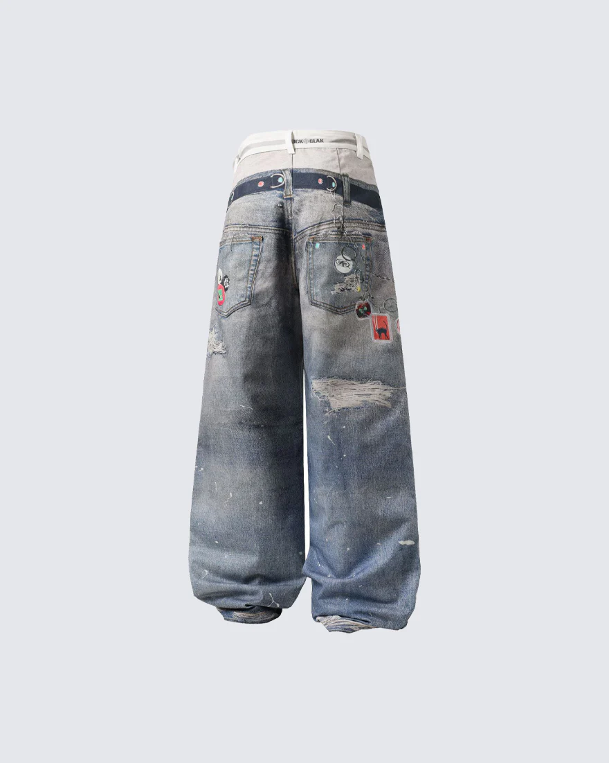American 3D Digital Print Double Waistband Jeans - Image 4