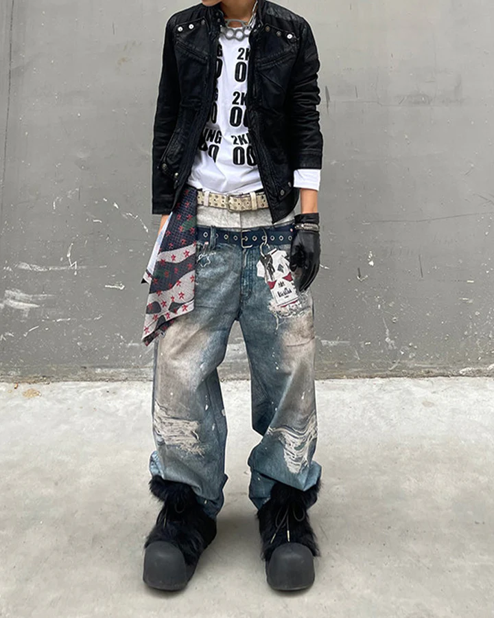 American 3D Digital Print Double Waistband Jeans - Image 6