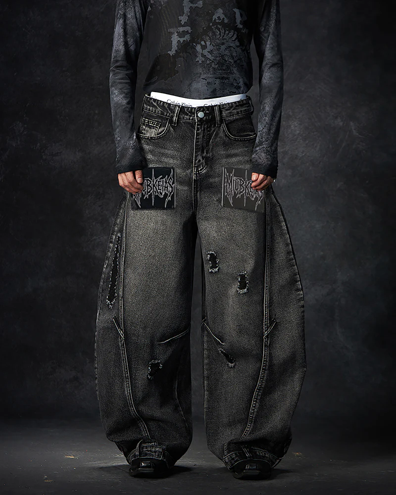 American Avant-Garde Distressed Letter Wide-Leg Jeans - Image 2