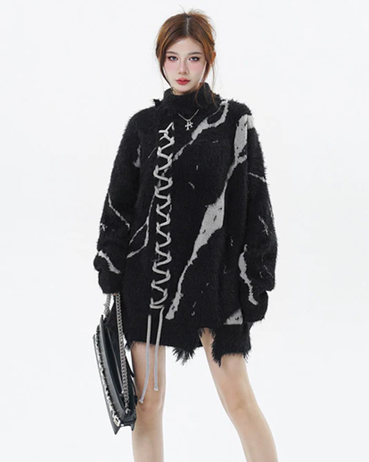 American Dark Aesthetic Distressed Turtleneck Sweater - Image 2