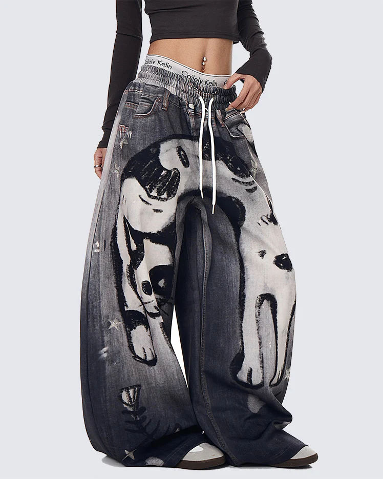 American High-Street Hand-Drawn Cat Print Scimitar Pants - Image 2