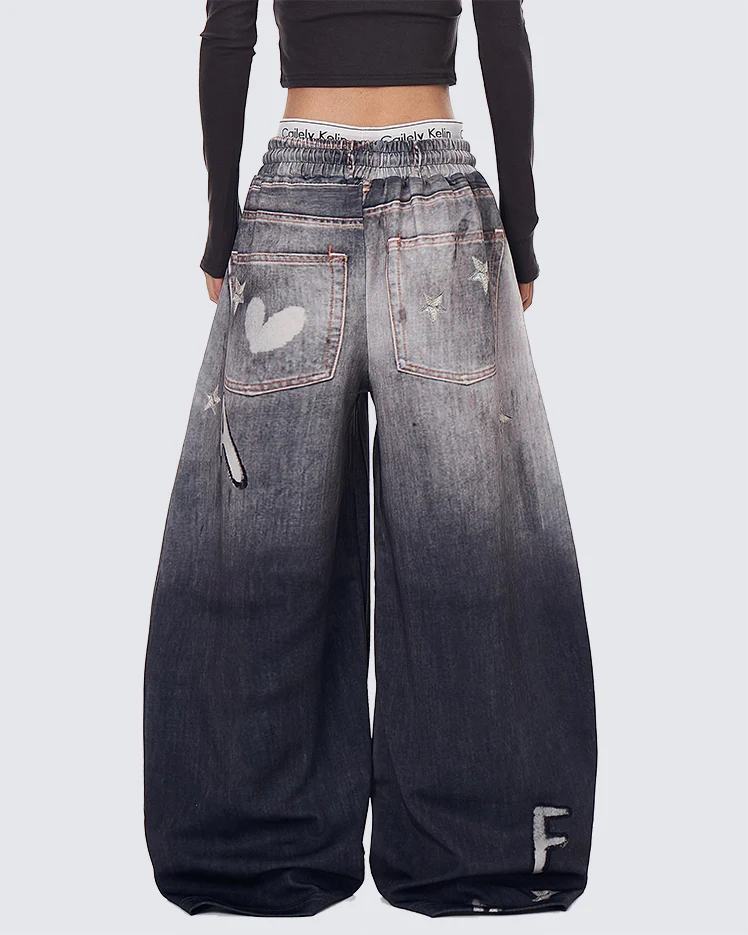 American High-Street Hand-Drawn Cat Print Scimitar Pants - Image 4