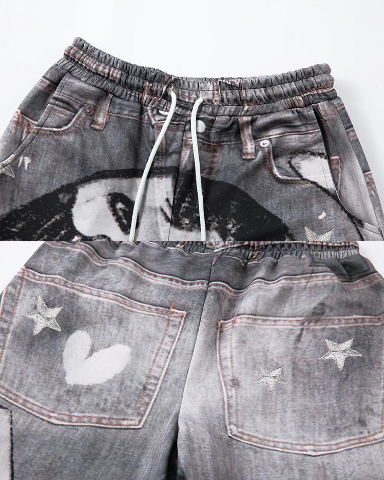 American High-Street Hand-Drawn Cat Print Scimitar Pants - Image 5