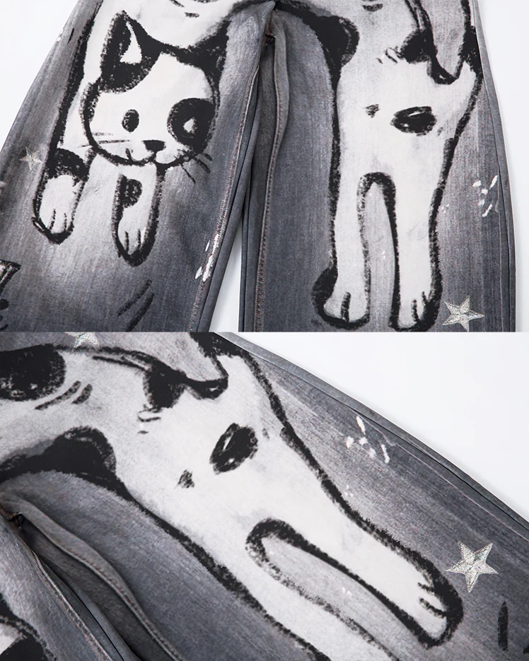 American High-Street Hand-Drawn Cat Print Scimitar Pants - Image 7