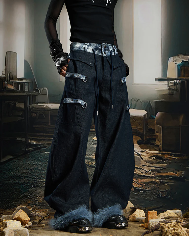 American Retro Plaid Patchwork Denim Pants - Image 11