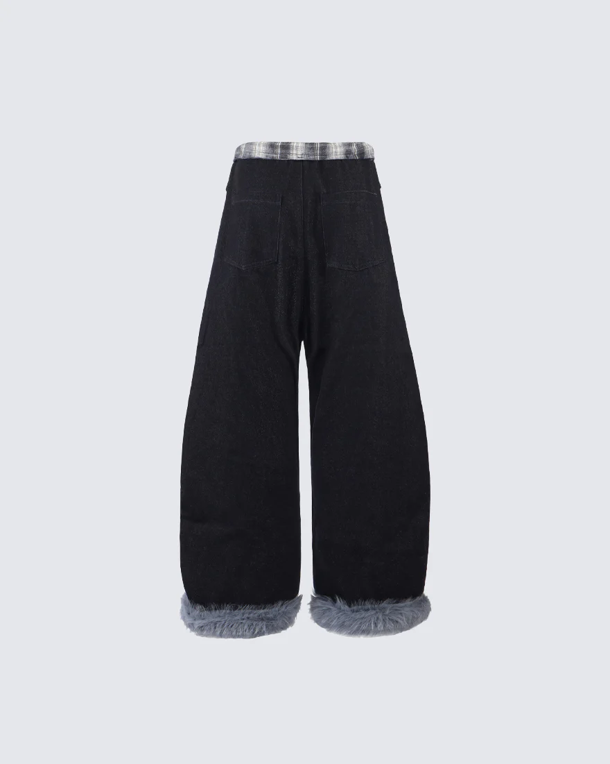 American Retro Plaid Patchwork Denim Pants - Image 13
