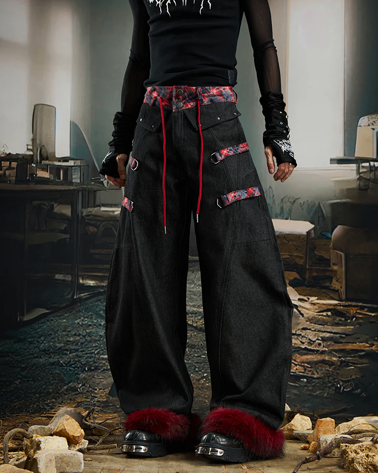American Retro Plaid Patchwork Denim Pants - Image 3