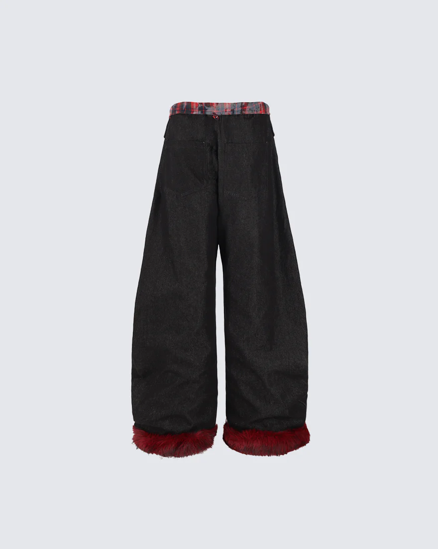 American Retro Plaid Patchwork Denim Pants - Image 5