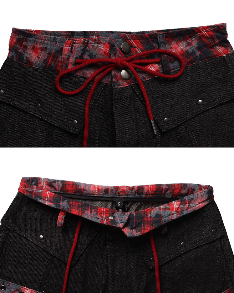 American Retro Plaid Patchwork Denim Pants - Image 6