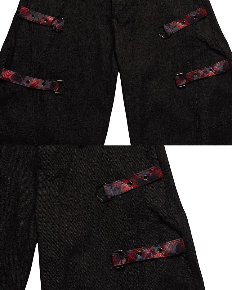 American Retro Plaid Patchwork Denim Pants - Image 8