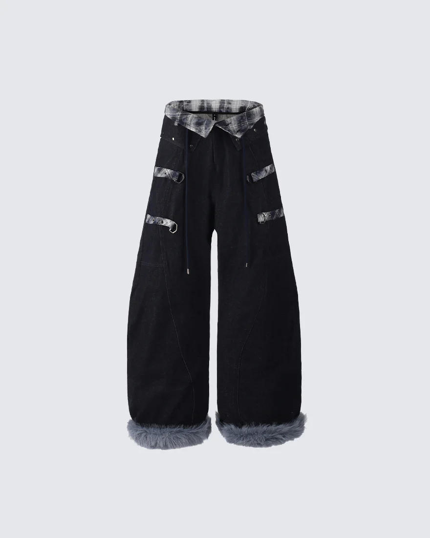 American Retro Plaid Patchwork Denim Pants - Image 9