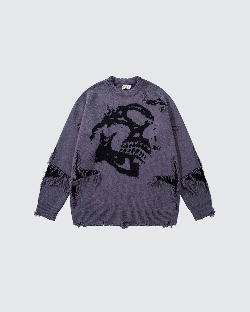 American Retro Skull Jacquard Raw-Edge Long-Sleeve Sweater - Image 2
