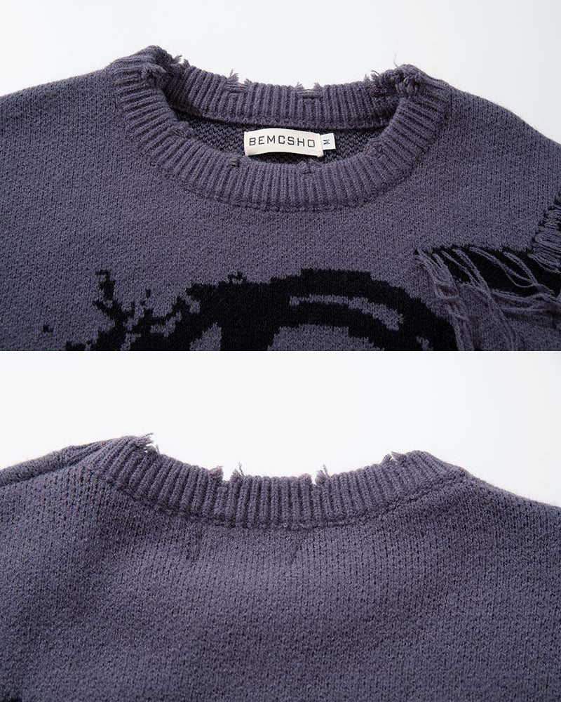 American Retro Skull Jacquard Raw-Edge Long-Sleeve Sweater - Image 4
