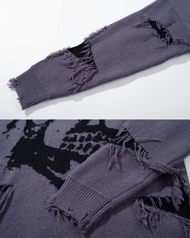 American Retro Skull Jacquard Raw-Edge Long-Sleeve Sweater - Image 5