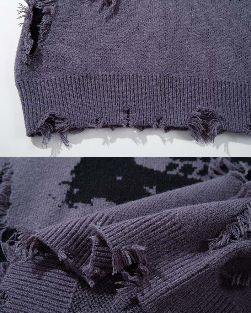 American Retro Skull Jacquard Raw-Edge Long-Sleeve Sweater - Image 6