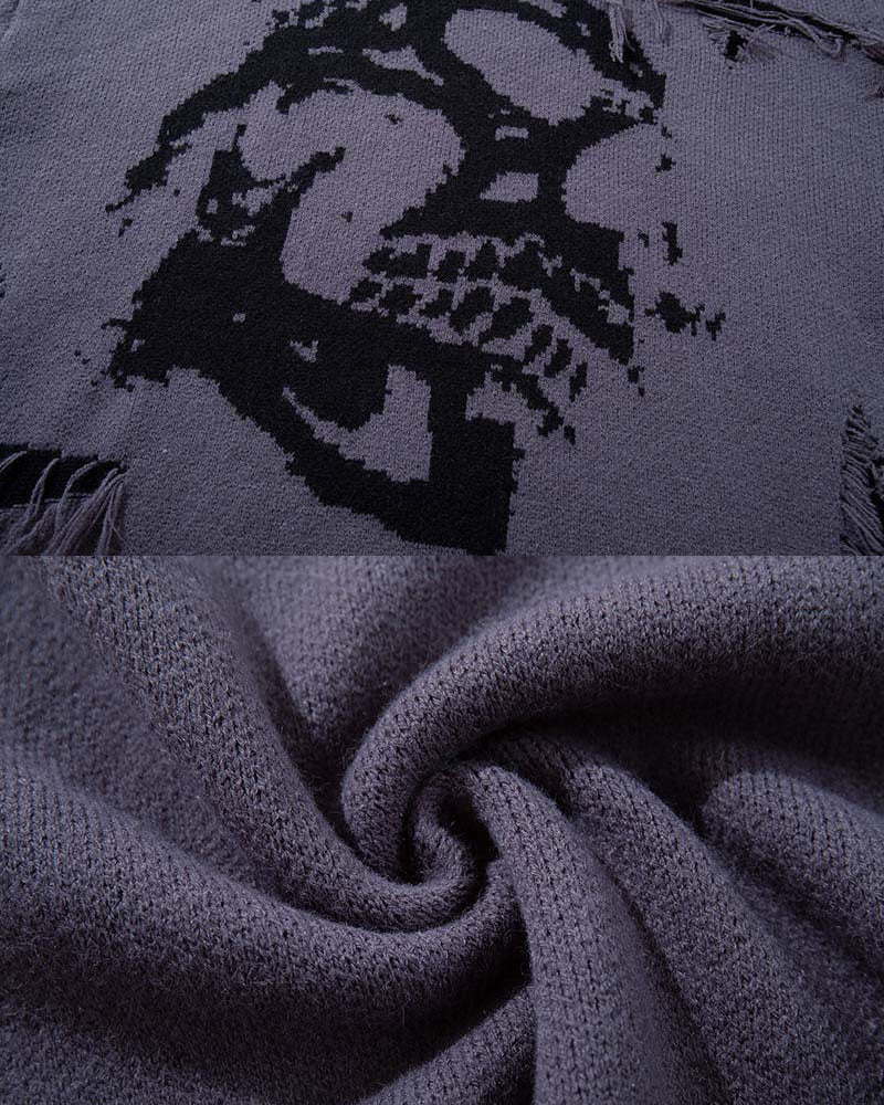 American Retro Skull Jacquard Raw-Edge Long-Sleeve Sweater - Image 7