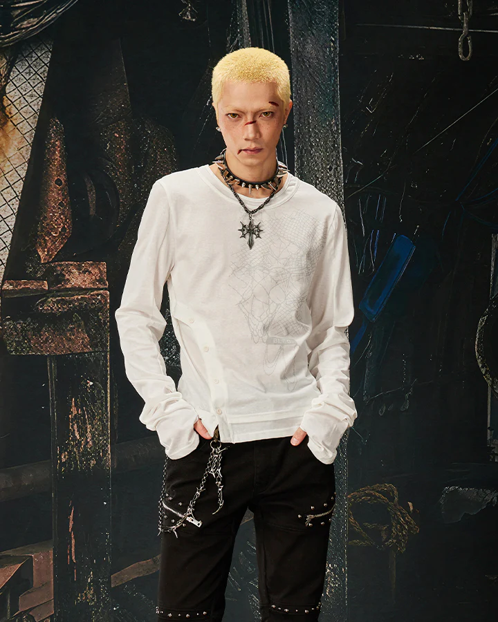 American Skeleton Texture Layered Long T-Shirt - Image 2