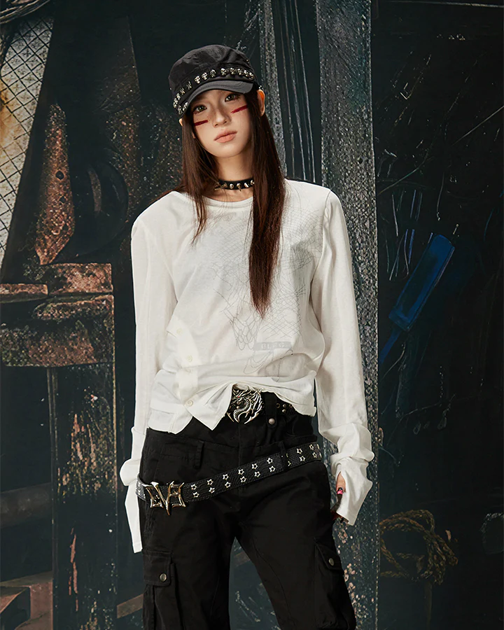 American Skeleton Texture Layered Long T-Shirt - Image 3