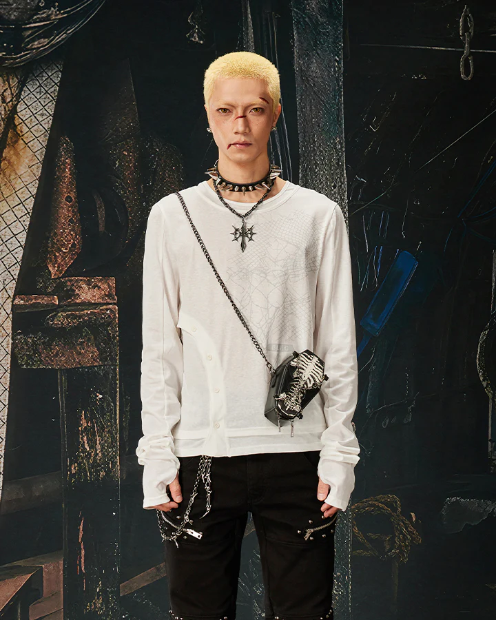 American Skeleton Texture Layered Long T-Shirt - Image 7