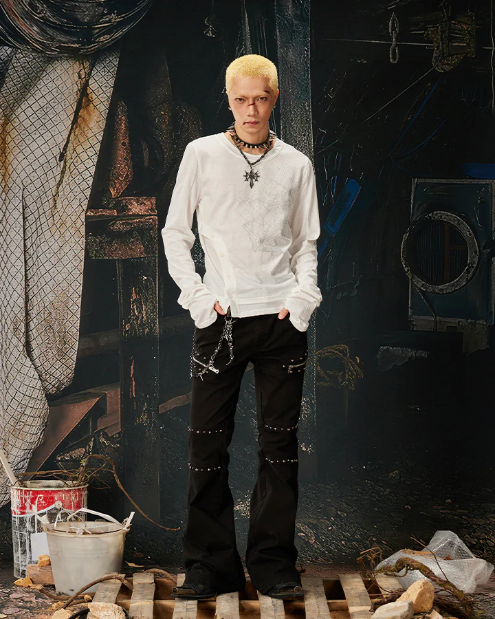 American Skeleton Texture Layered Long T-Shirt - Image 9