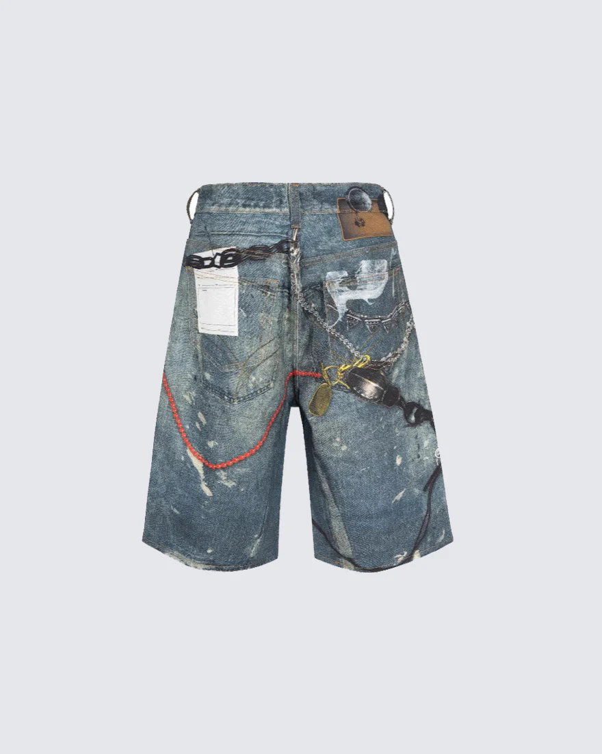 American Street Graffiti Print Washed Denim Shorts - Image 2