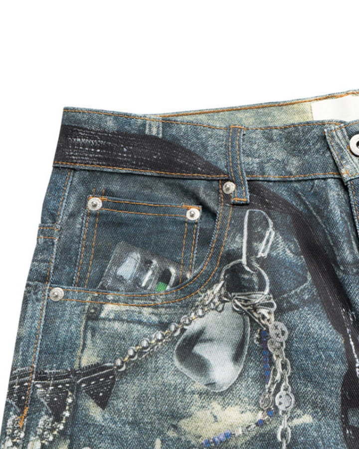 American Street Graffiti Print Washed Denim Shorts - Image 3