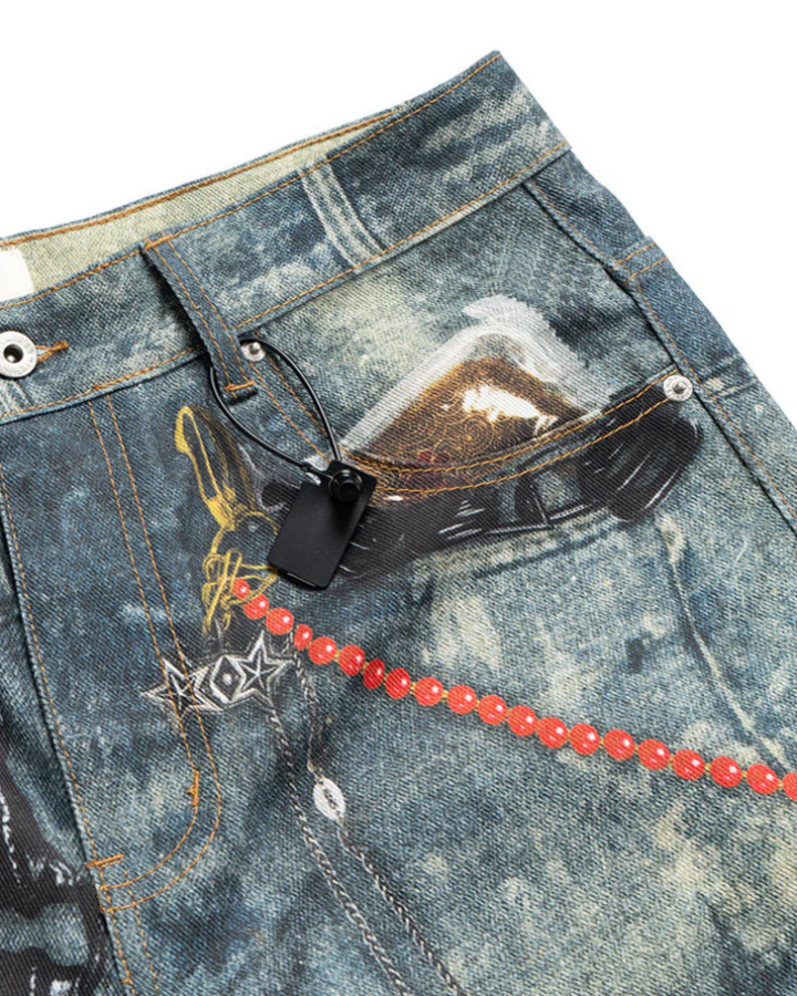 American Street Graffiti Print Washed Denim Shorts - Image 4