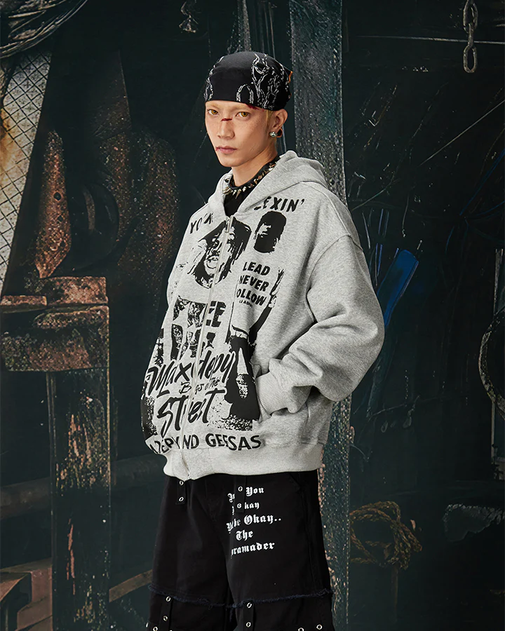 American Street Portrait Graffiti Zip-Up Hoodie - Image 12