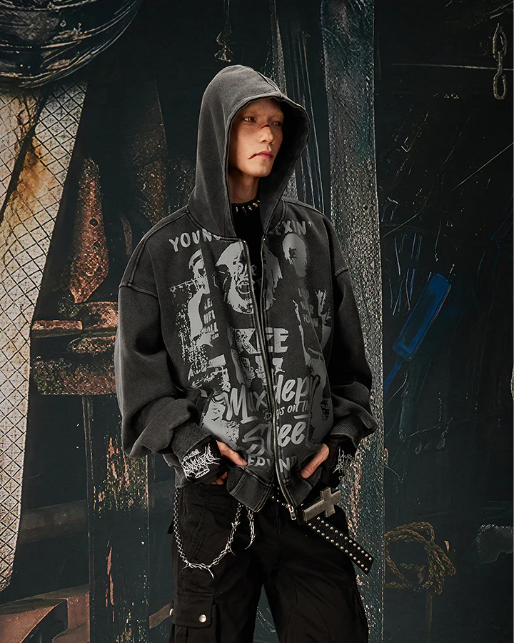 American Street Portrait Graffiti Zip-Up Hoodie - Image 2