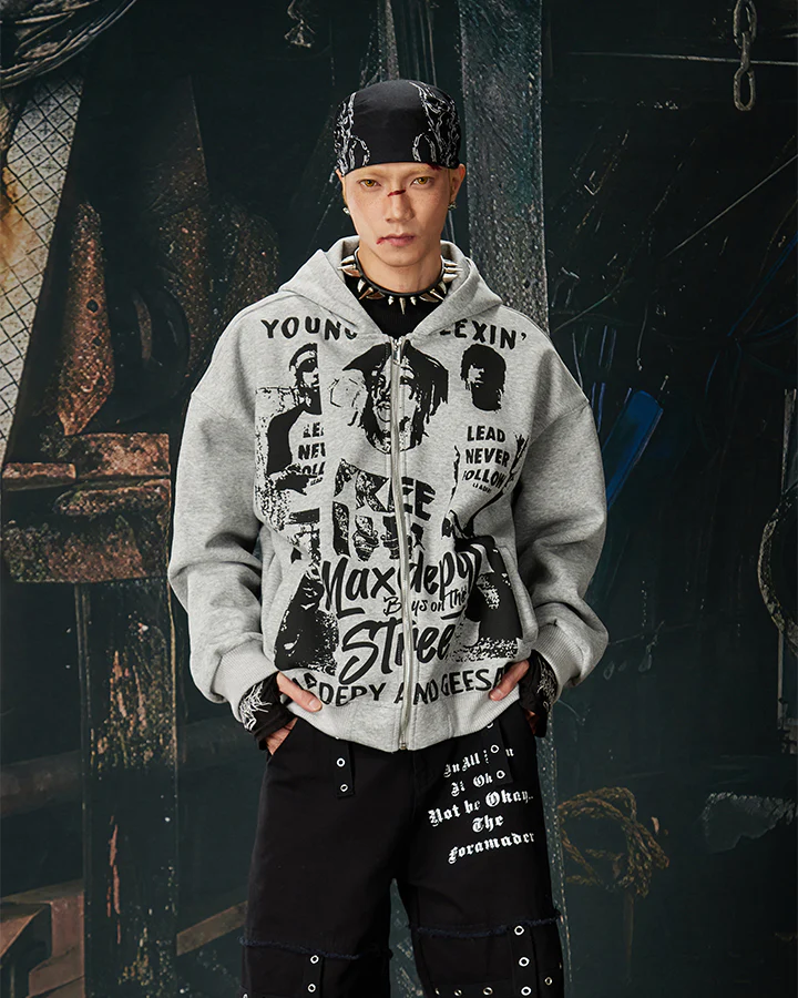 American Street Portrait Graffiti Zip-Up Hoodie - Image 4
