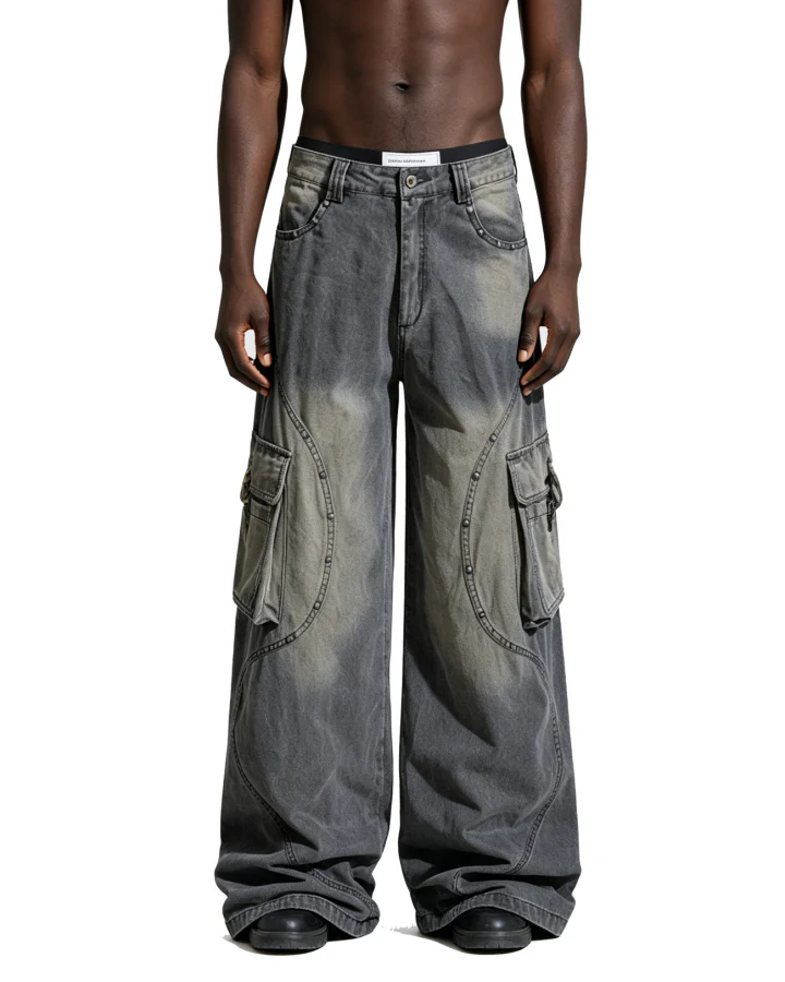 American-Style Distressed Vintage Washed Multi-Pocket Wide-Leg Jeans - Image 2