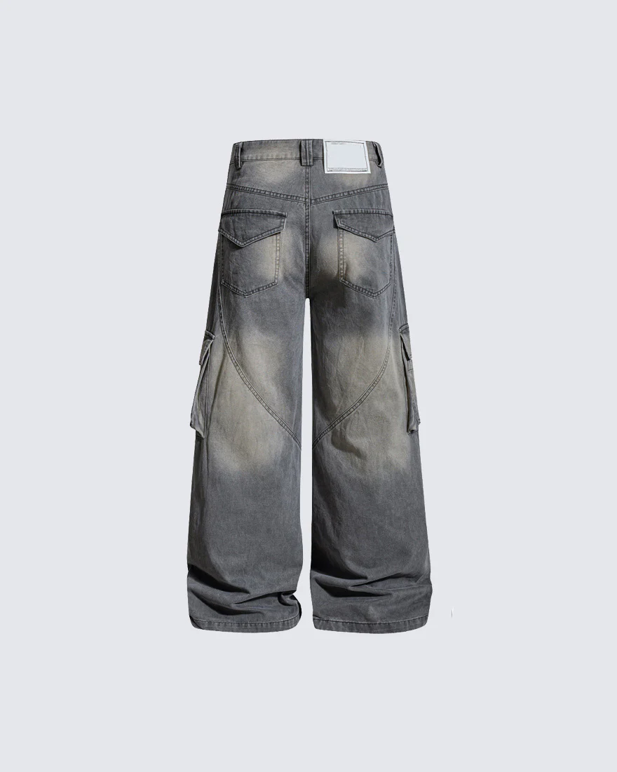 American-Style Distressed Vintage Washed Multi-Pocket Wide-Leg Jeans - Image 3