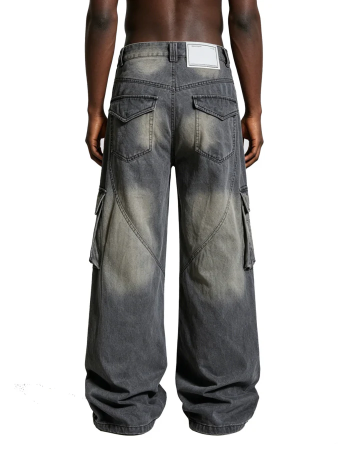American-Style Distressed Vintage Washed Multi-Pocket Wide-Leg Jeans - Image 4