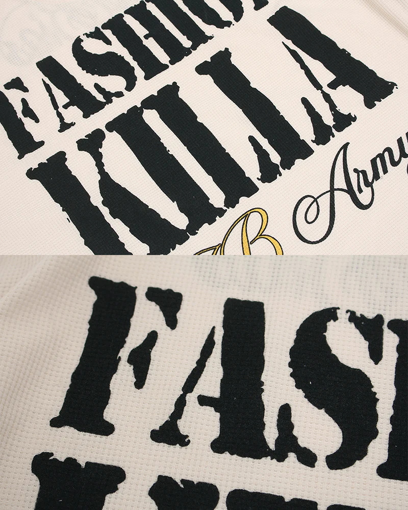 American Vintage Letter Print Waffle Long Sleeve T-Shirt - Image 5
