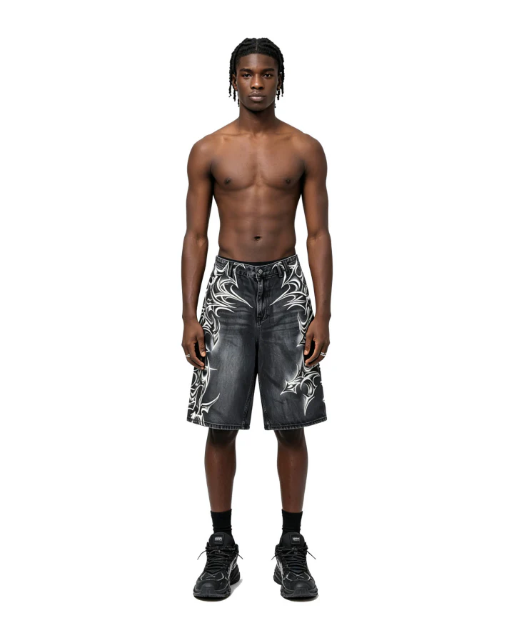 American Vintage Washed Tribal Print Denim Shorts - Image 2