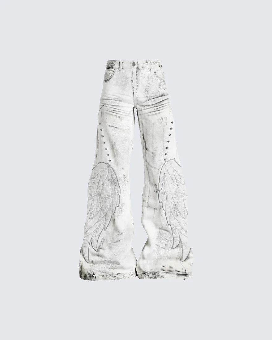 Angel Wing Print Distressed Wide-Legged Jeans - Image 2