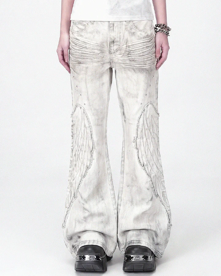 Angel Wing Print Distressed Wide-Legged Jeans - Image 3