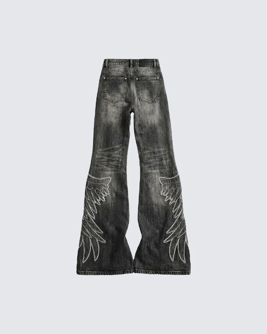 Angel Wing Print Distressed Wide-Legged Jeans - Image 4