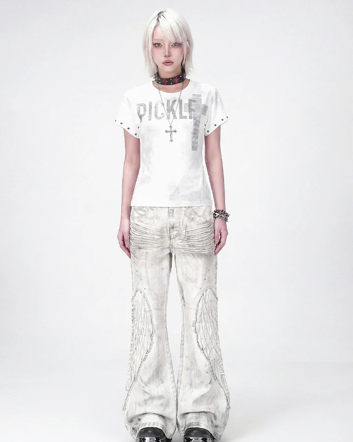 Angel Wing Print Distressed Wide-Legged Jeans - Image 6
