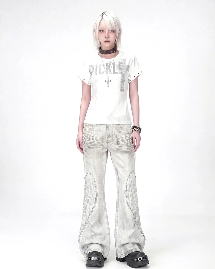 Angel Wing Print Distressed Wide-Legged Jeans - Image 7