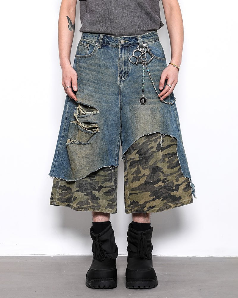 Asymmetrical Ripped Denim Shorts with Camo Layer - Image 2
