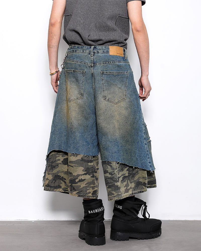 Asymmetrical Ripped Denim Shorts with Camo Layer - Image 3