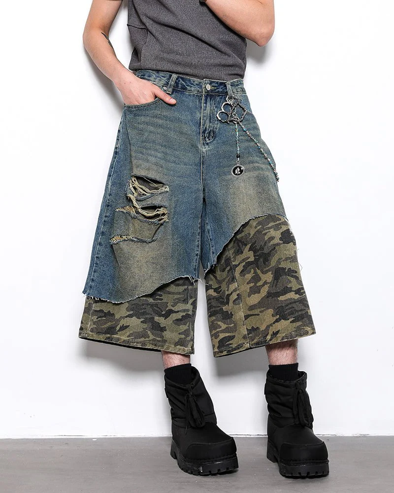 Asymmetrical Ripped Denim Shorts with Camo Layer - Image 5