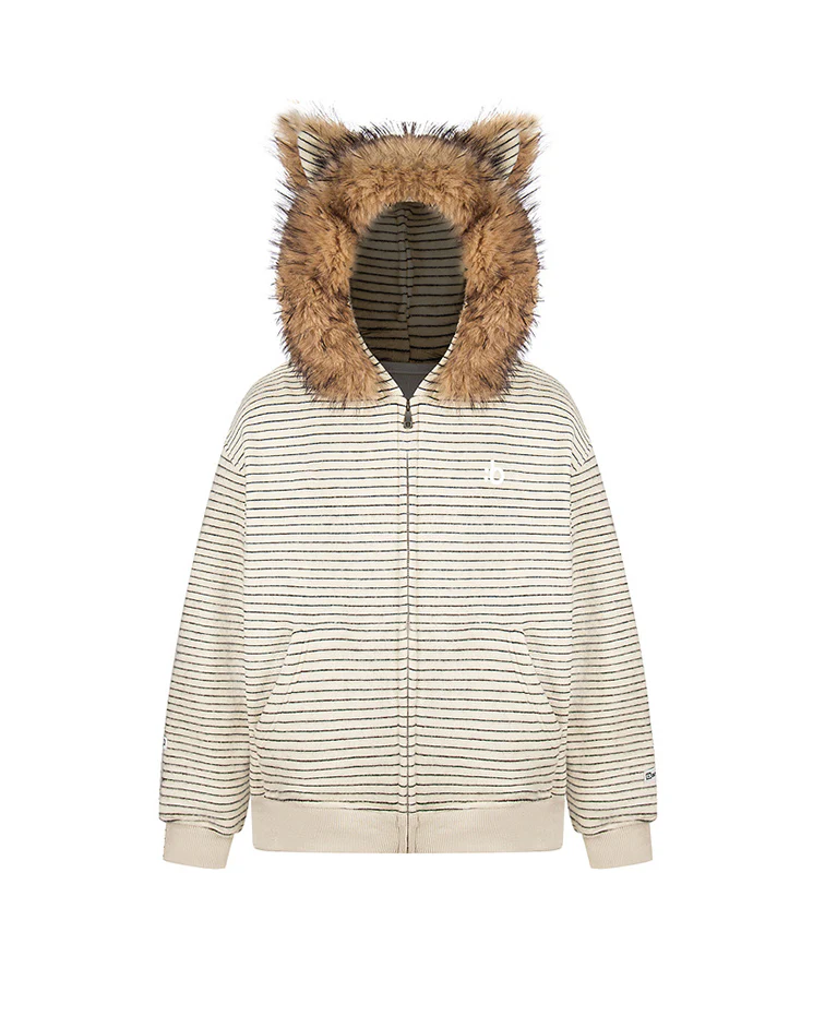 Autumn/Winter Striped Furry-Ear Hoodie - Image 2