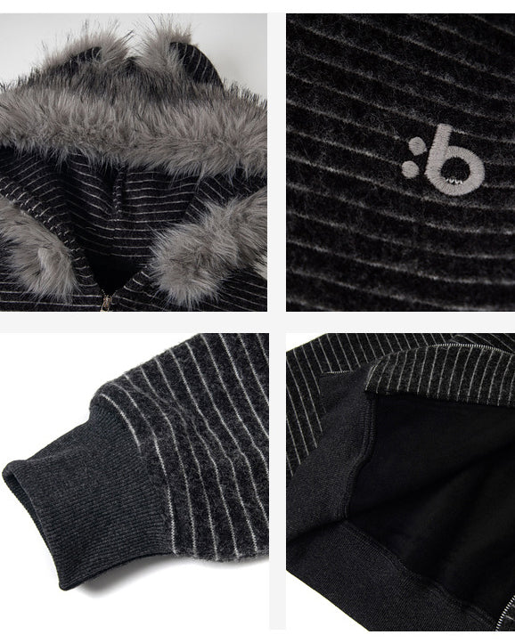 Autumn/Winter Striped Furry-Ear Hoodie - Image 5
