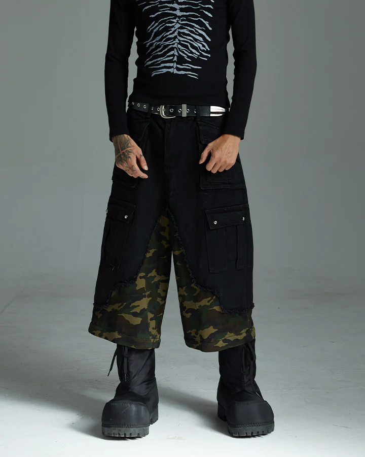 Black and Camo Distressed Cargo Pants - Image 2